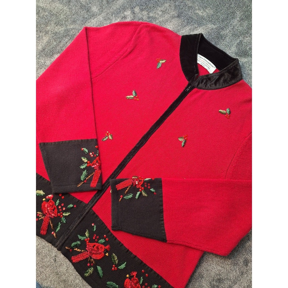 Vtg Tiara International Red‎ Cardinal Embroidered Sweater Womens 2X Full Zip